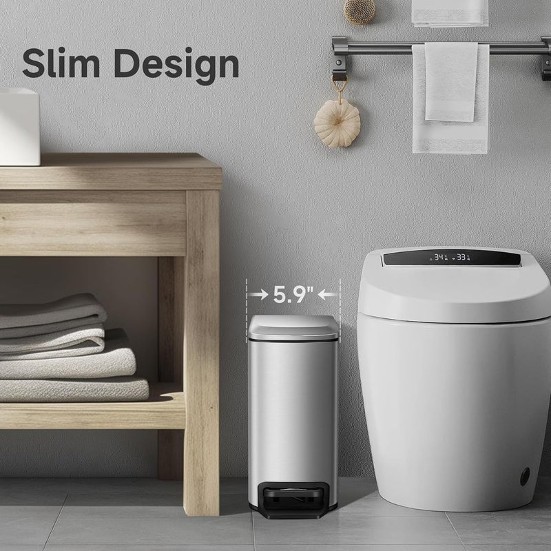TIPGO Slim Bathroom Trash Can with Lid Soft Close, Step Pedal, 6 Liter / 1.6 Gallon Stainless Steel Trash Bin, Small Garbage Cans for Bedroom, Office, Kitchen (Silver) - Image 3